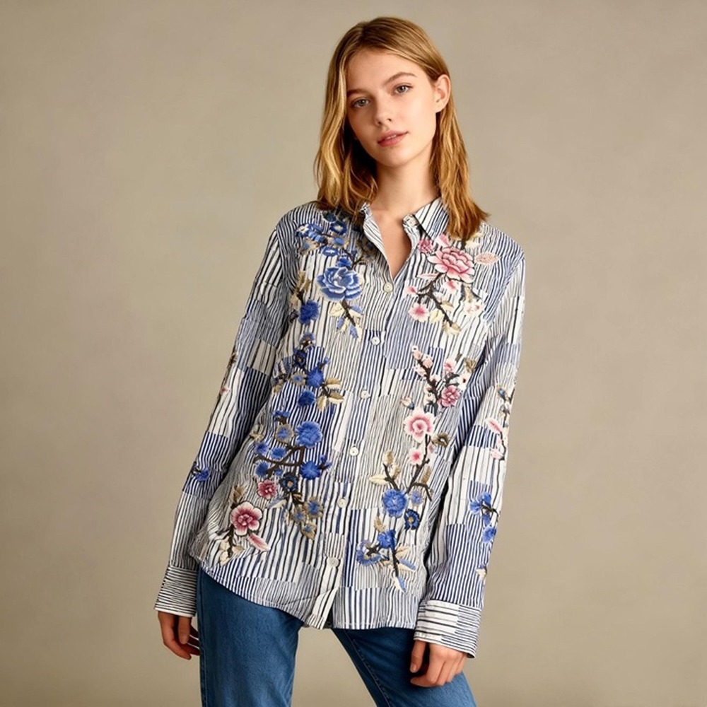 Johnny Was Western Seamed Silk Shirt Floral Embroidered S
